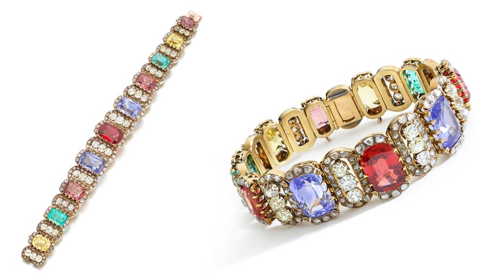 The Eugène Fontenay bracelet, circa 1870, set with graduated cushion-cut gemstones including spinels, sapphires, emeralds, and yellow sapphires, and framed by old cushion-shaped and rose diamonds Princess Eudoxia Eugène Fontenay bracelet